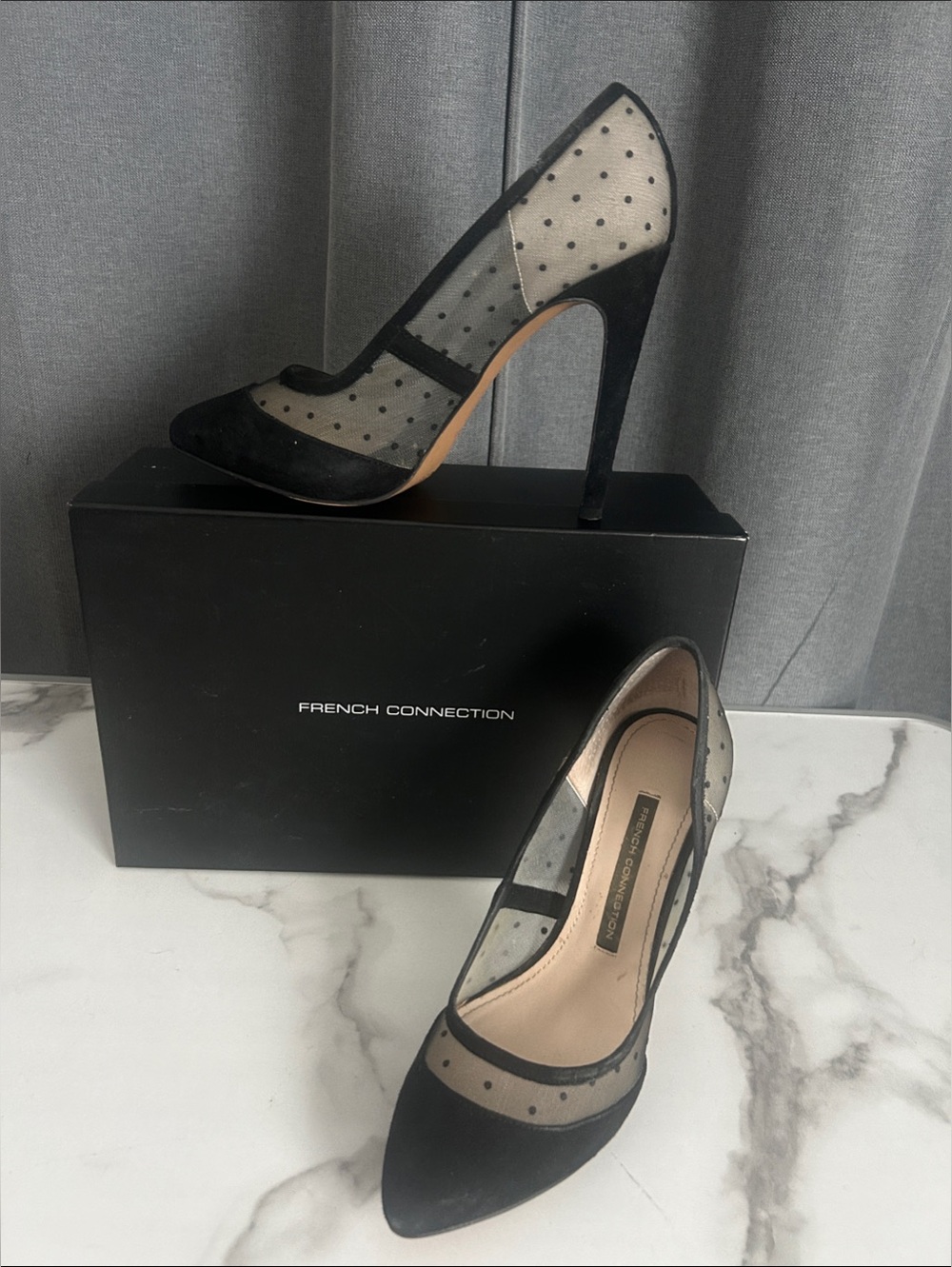 French Connection Black Sheer Polka Dot Pointed-Toe Stilettos sexy women’s size8